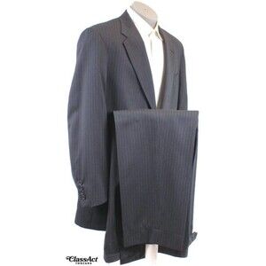 Vtg Austin Reed 2 Piece Suit Black Striped Wool Mens 44L Pleated Fronts 37" W